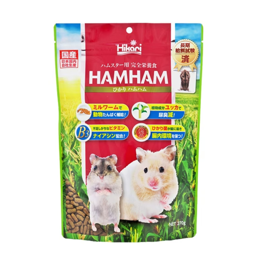 Hikari HAMHAM 倉鼠完全營養飼料紅色包裝袋，印有灰色與白色兩隻倉鼠