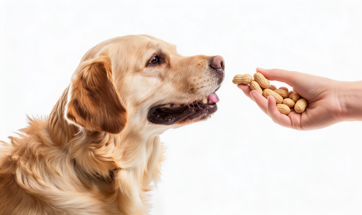黃金獵犬望向人手中拿著的開心果