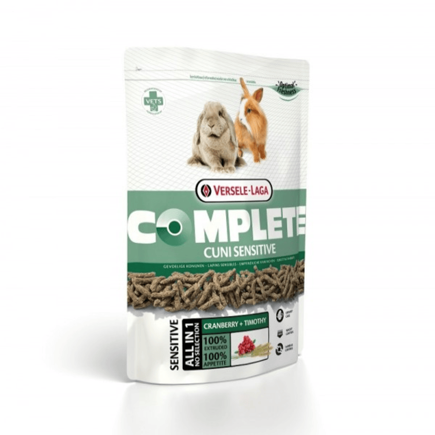 Versele-Laga Complete Cuni Sensitive 敏感腸胃兔飼料白綠色包裝袋，印有灰色垂耳兔與棕色兔子