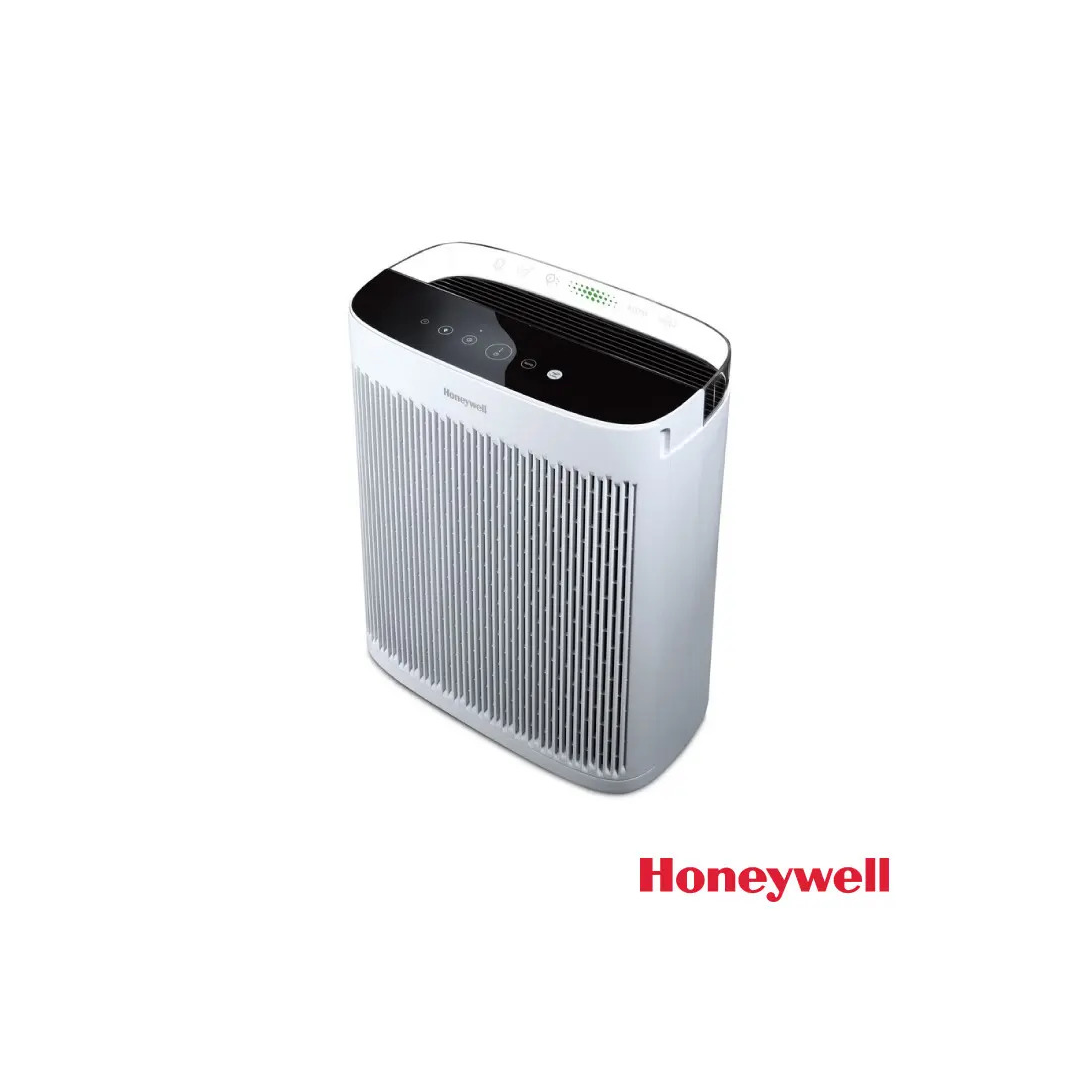 Honeywell 白色直立式空氣清淨機，頂部配有黑色觸控面板與空氣品質指示燈
