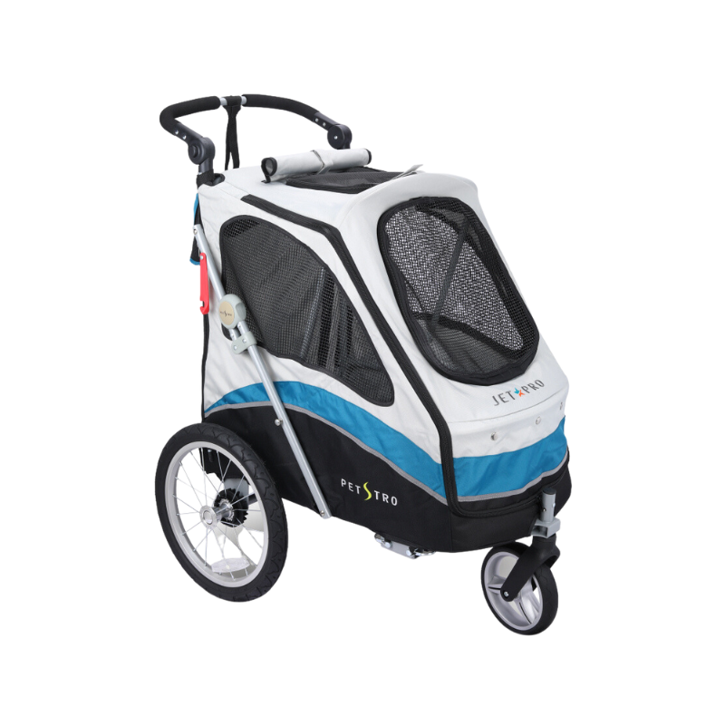 PetStro JetPro 白藍色三輪寵物推車，大輪胎設計附側邊透氣網窗