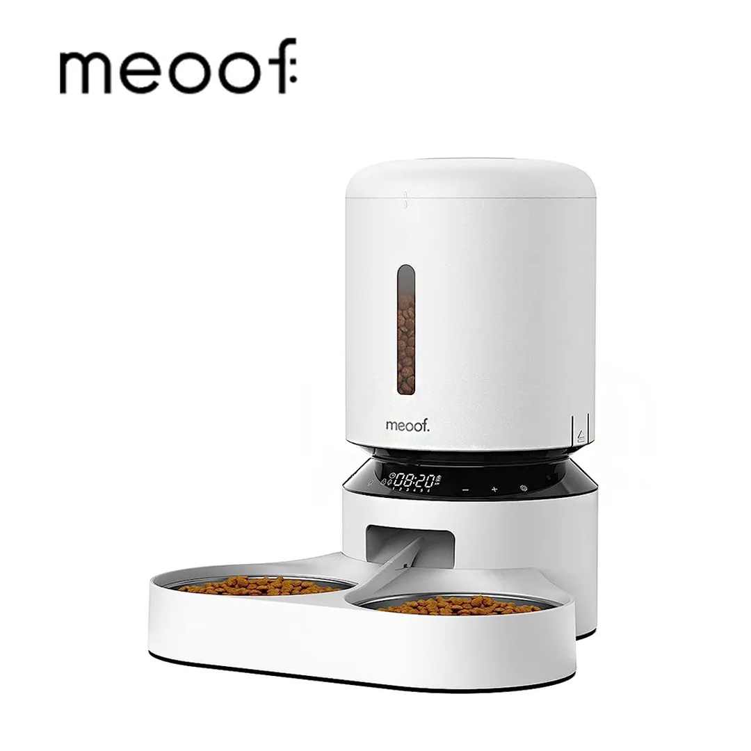 meoof 品牌雙碗自動餵食器產品圖，內含乾糧