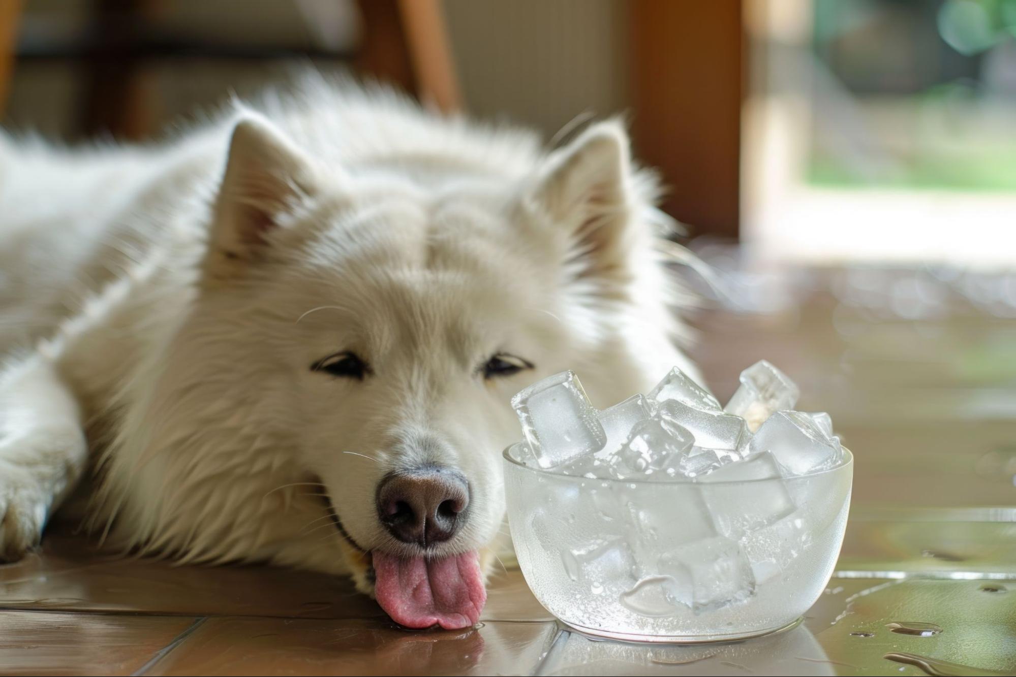 狗狗趴在冰塊旁邊