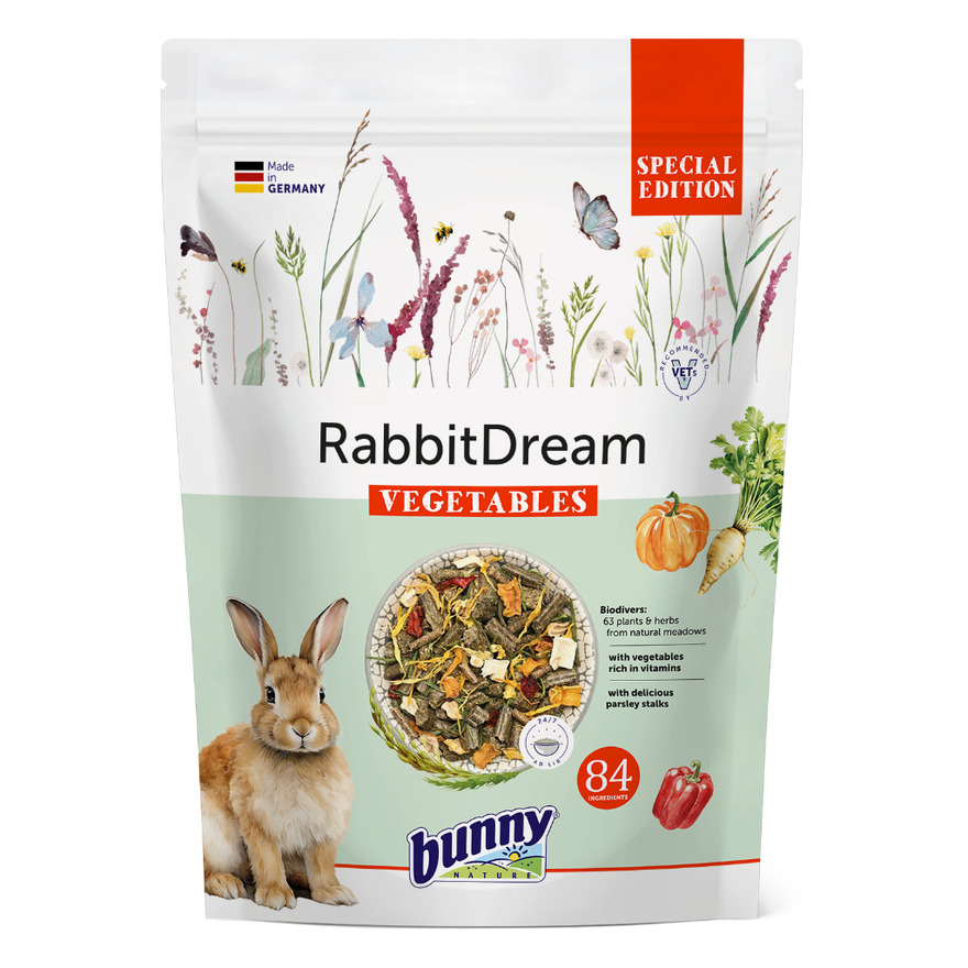 Bunny Nature RabbitDream Vegetables 蔬菜口味兔子飼料白色包裝袋，印有棕色兔子與南瓜、紅椒、胡蘿蔔等蔬菜圖案