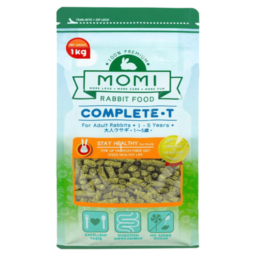 MOMI Complete-T 成兔飼料綠色包裝袋，適用1至5歲成兔，內含綠色草本顆粒飼料