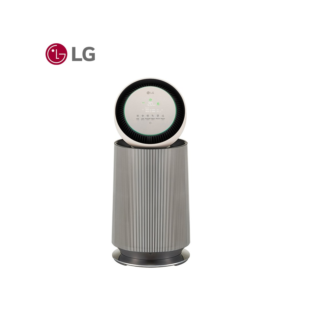 LG PuriCare 銀灰色圓柱形空氣清淨機，頂部配有圓形顯示面板與綠色空氣品質燈環