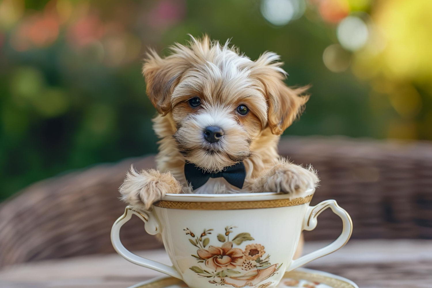 幼犬被放在茶杯裡