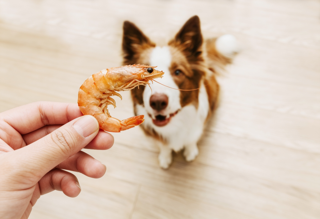 狗狗期待地看著飼主手上的蝦子