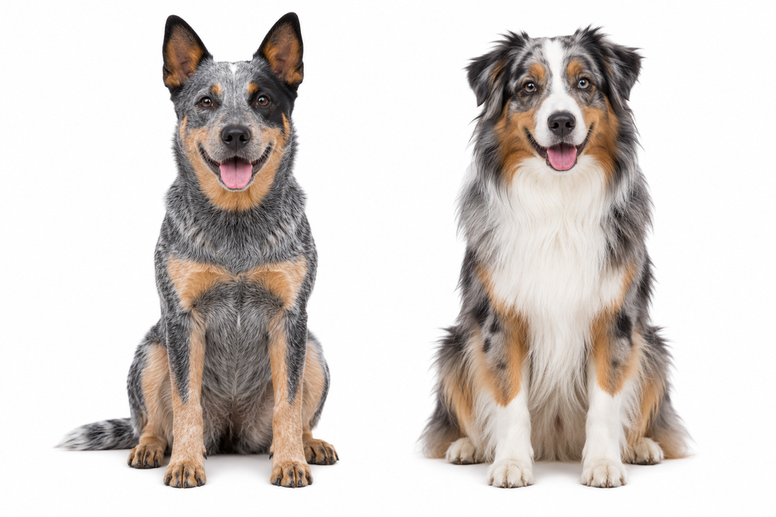 澳洲牧牛犬與澳洲牧羊犬在白色背景前的外觀比較圖