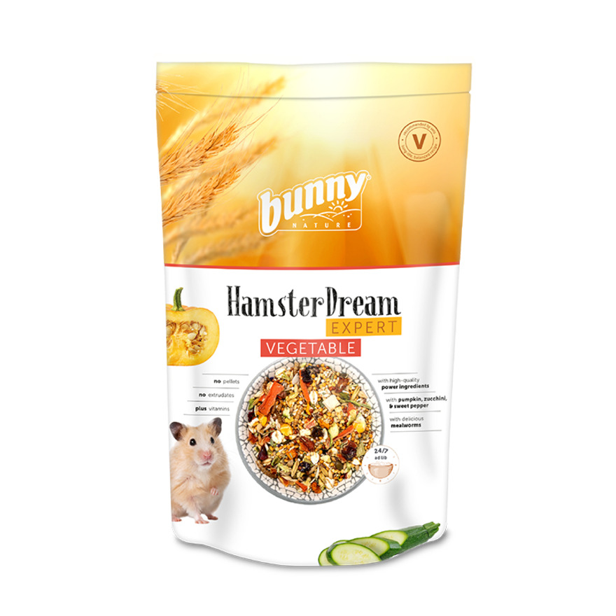 Bunny Nature HamsterDream Expert Vegetable 蔬菜口味倉鼠飼料白色包裝袋，印有倉鼠與南瓜、櫛瓜