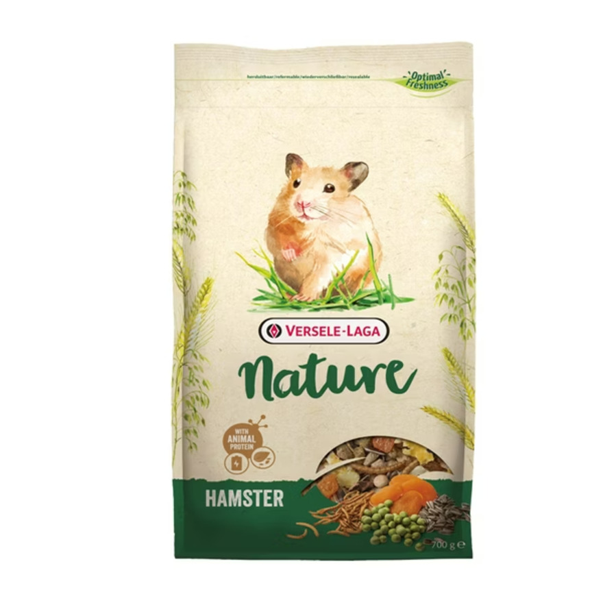 Versele-Laga Nature Hamster 倉鼠飼料米色包裝袋，印有金黃色倉鼠與燕麥穗裝飾