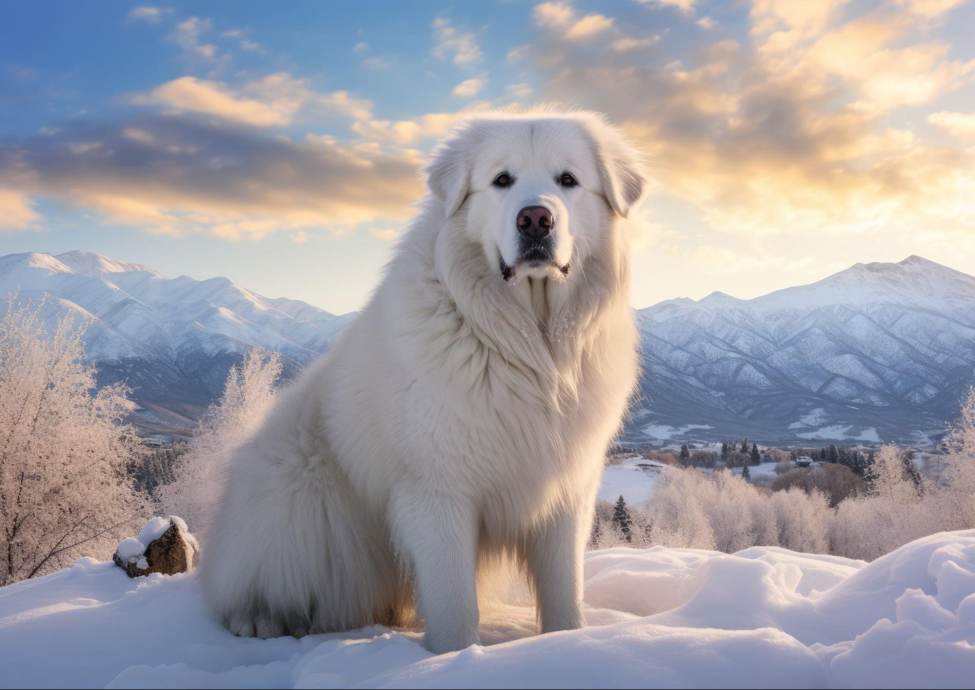 大白熊犬雪山前站立