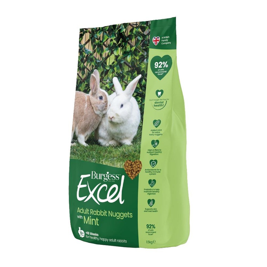 Burgess Excel 成兔薄荷口味飼料綠色包裝袋，印有兩隻白色兔子在草地上的照片