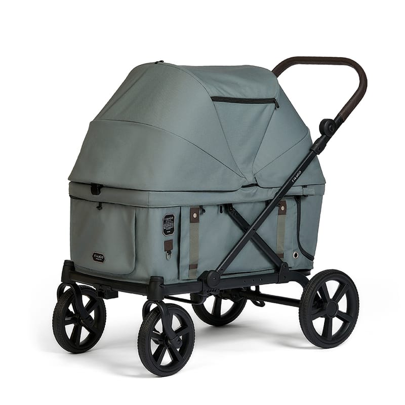 FikaGO 灰藍色大型四輪寵物拖車，wagon造型附全罩式頂棚與側邊口袋