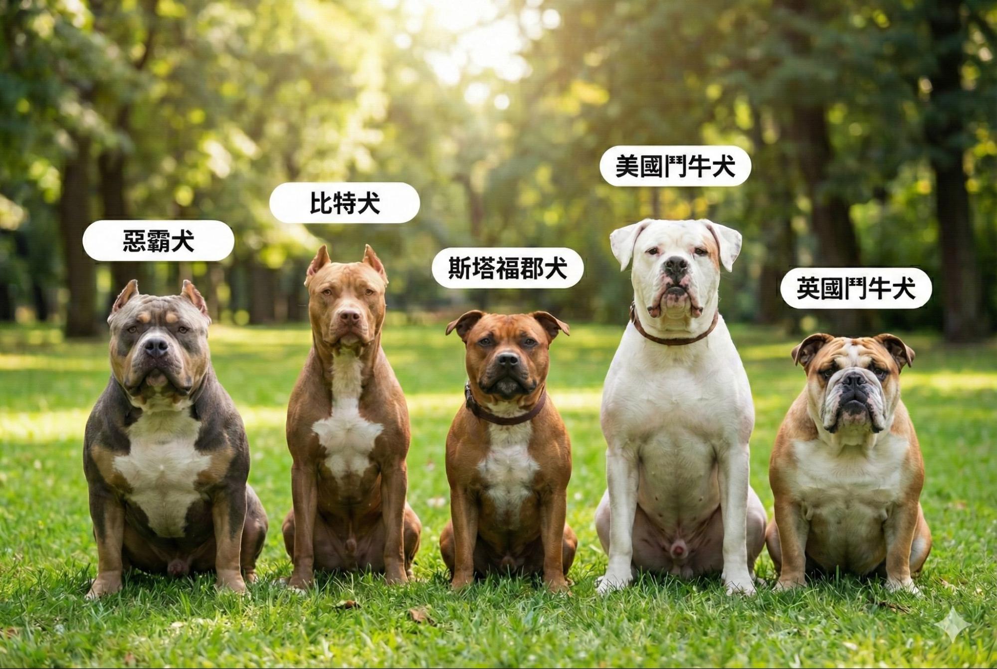 惡霸犬、比特犬、斯塔福郡犬、美國鬥牛犬與英國鬥牛犬五種犬種並排比較圖