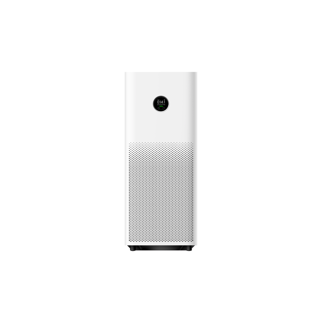 小米白色直立式空氣清淨機，正面配有圓形 OLED 顯示螢幕顯示 PM2.5 數值